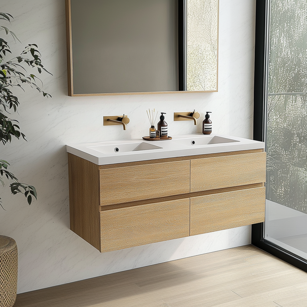 handcrafted white oak floating double-sink vanity with clean lines and warm natural finish.