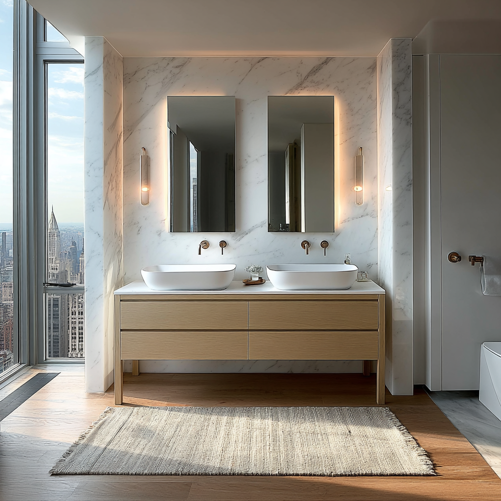 hanhandcrafted white oak double sink vanity with smooth grain texture and elegant proportions.ity with smooth grain texture and elegant proportions.