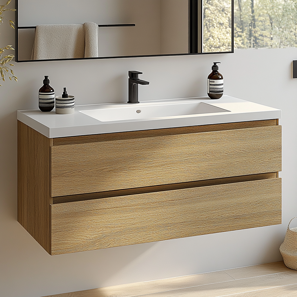 handcrafted white oak floating vanity with smooth grain and clean drawer fronts