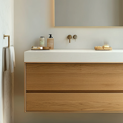 floating vanity in natural white oak veneer with soft-close drawers and satin finish