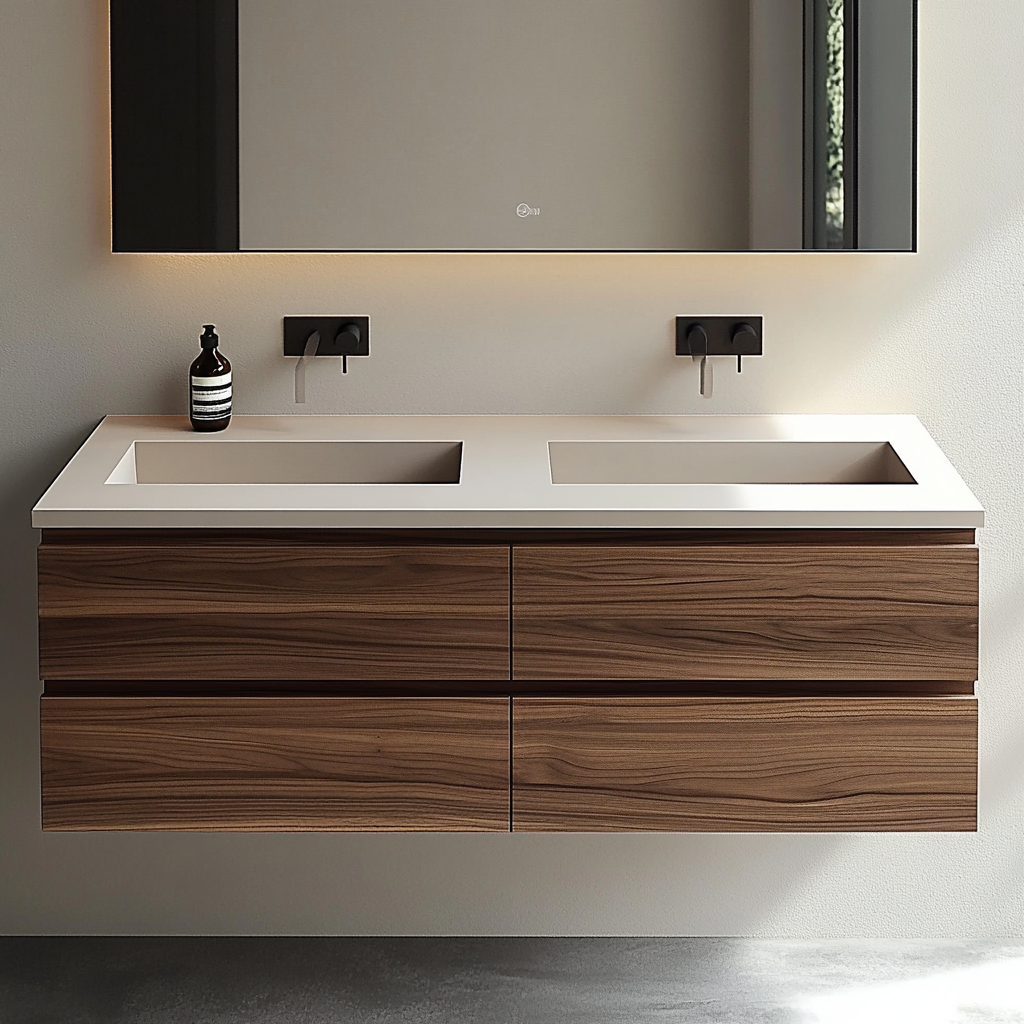 floating walnut bathroom vanity with horizontal wood grain and modern minimalist silhouette