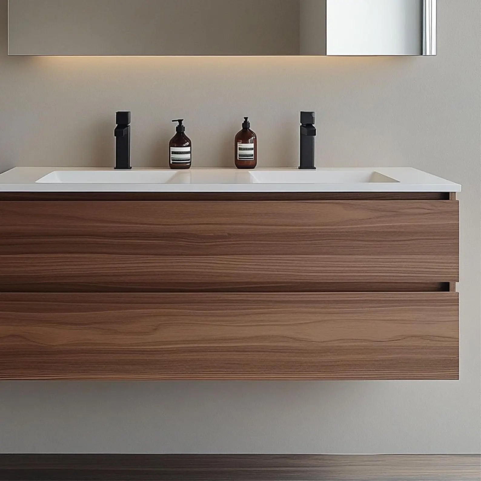 wall-mounted walnut veneer vanity with horizontal grain pattern and minimalist drawer fronts