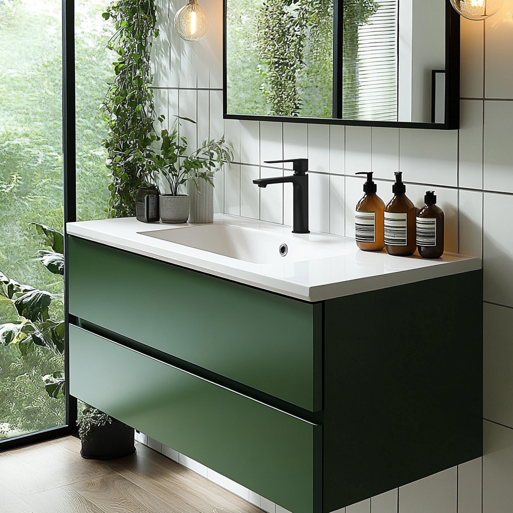 wall-mounted sage green vanity with smooth satin finish and clean minimalist silhouette