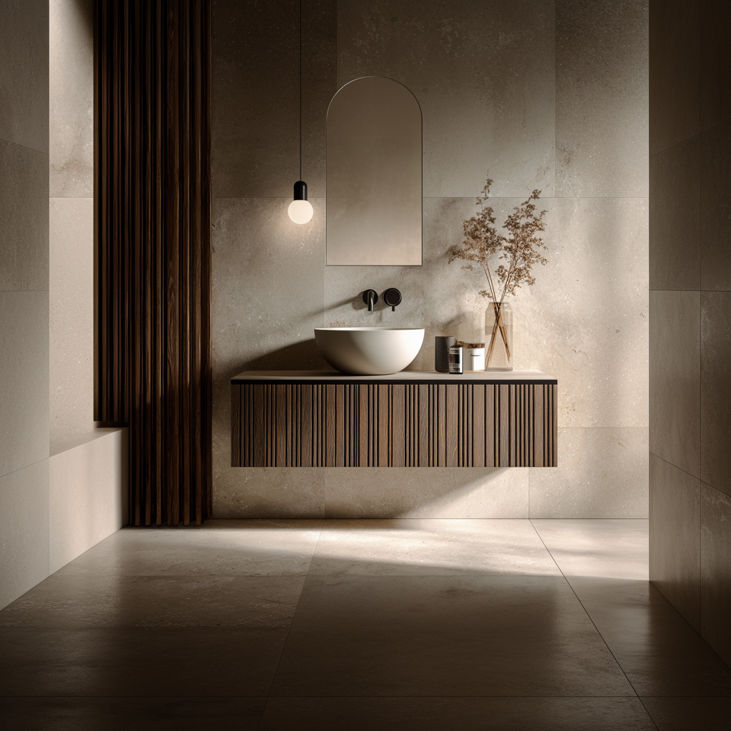 modern wall-mounted walnut vanity with slatted wood front and minimalist design.