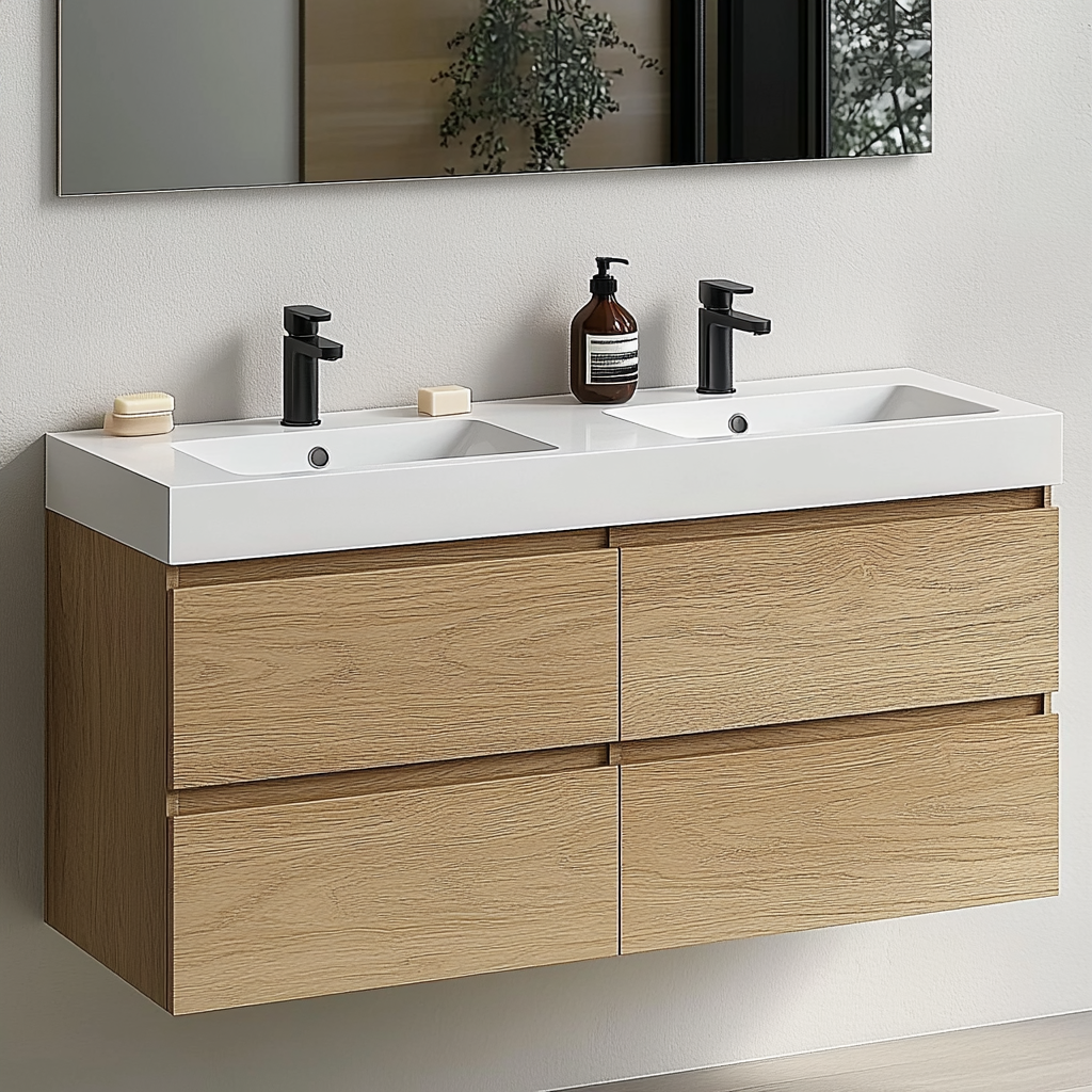 light white oak double vanity with soft-close storage and modern floating silhouette