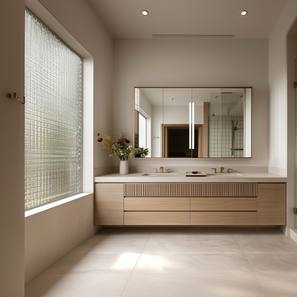 A modern bathroom vanity area with a long light wood double-sink console, a large mirrored medicine cabinet, and a textured glass window on the left.