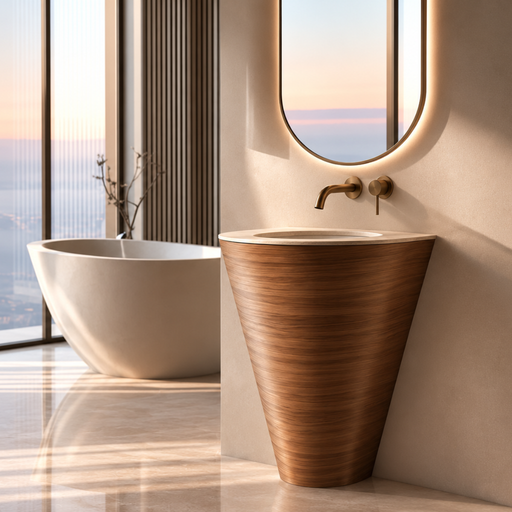 Sculptural Walnut Bathroom Vanity | Custom Curved Vanity