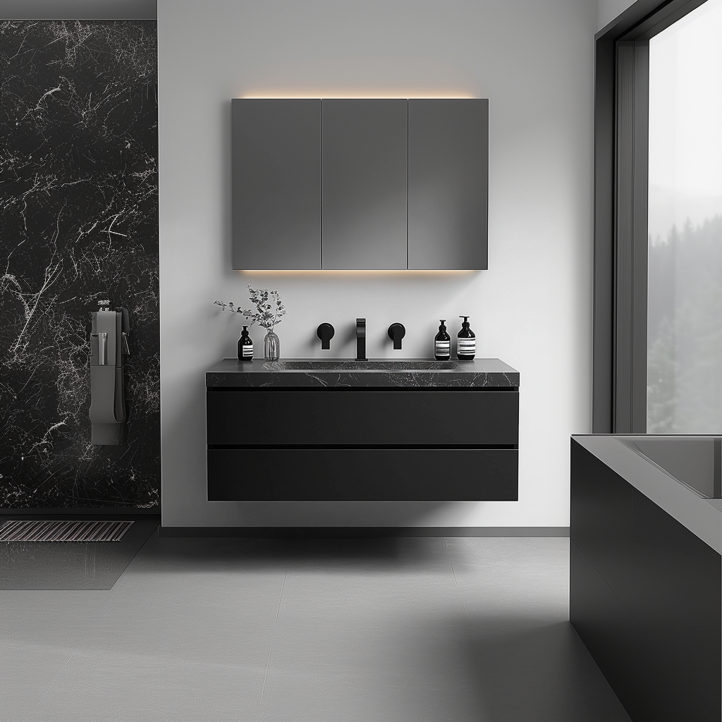 matte black floating bathroom vanity with handleless soft-close drawers and minimalist design by HEAVEN.