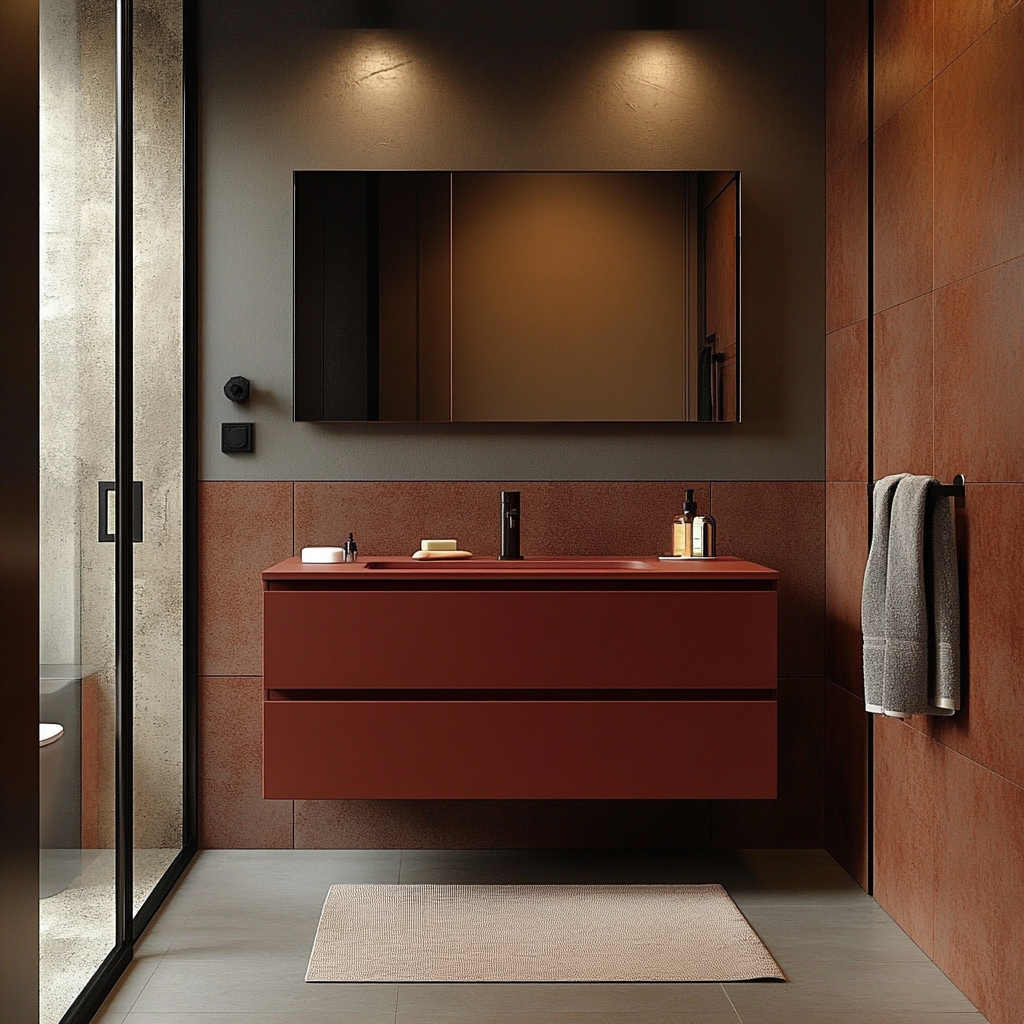 merlot-colored floating vanity with soft-close drawers and clean architectural lines.