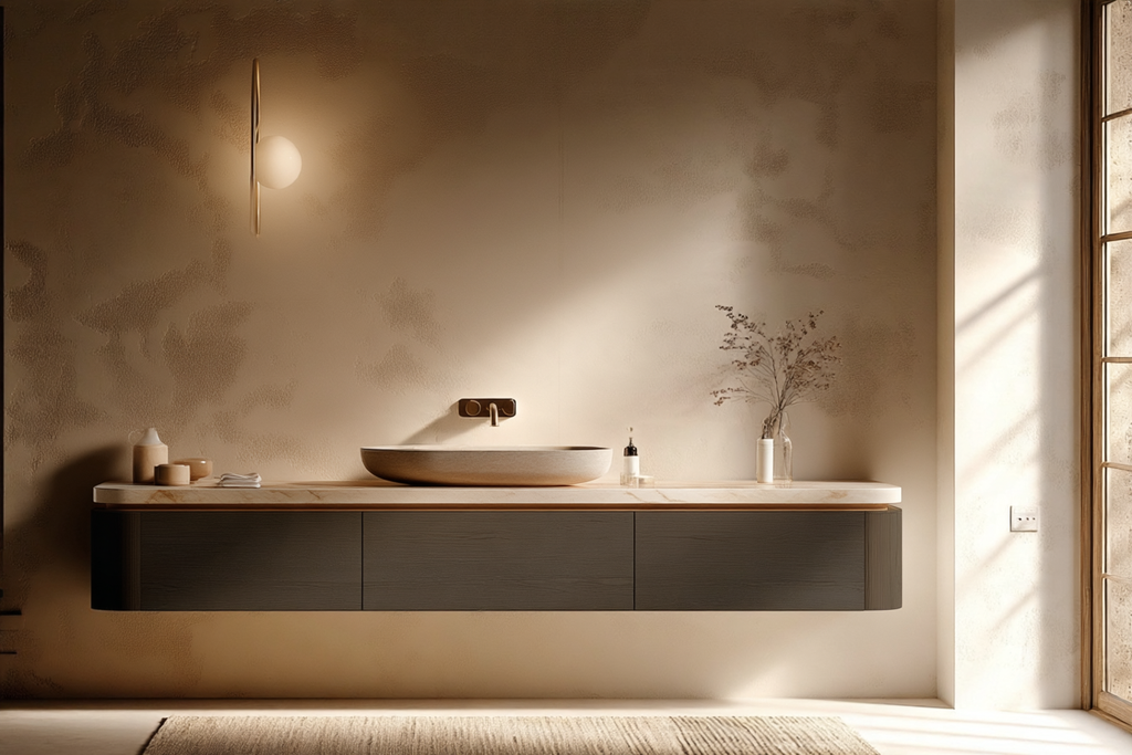 Curved Floating Bathroom Vanity — White Oak or Walnut Custom 24–120" Cabinet