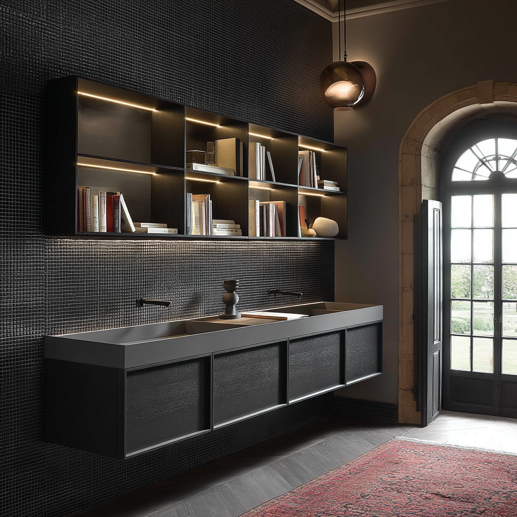 modern black wall-mounted vanity with matte wood veneer and sleek drawer fronts.