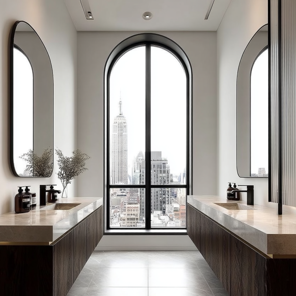 sleek black oak vanity featuring polished brass handle detail and soft-close drawers