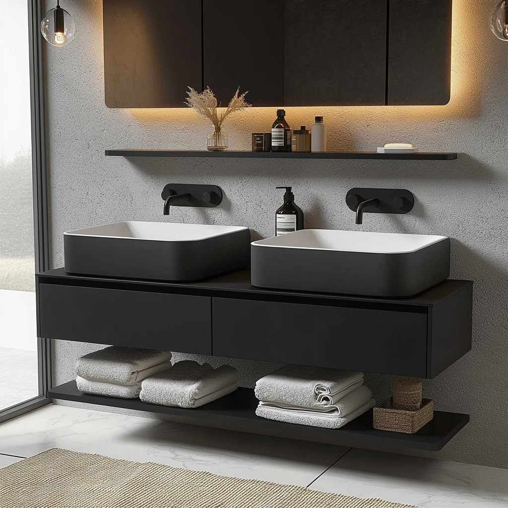 modern black wall-mounted vanity with matte painted finish and clean architectural lines.