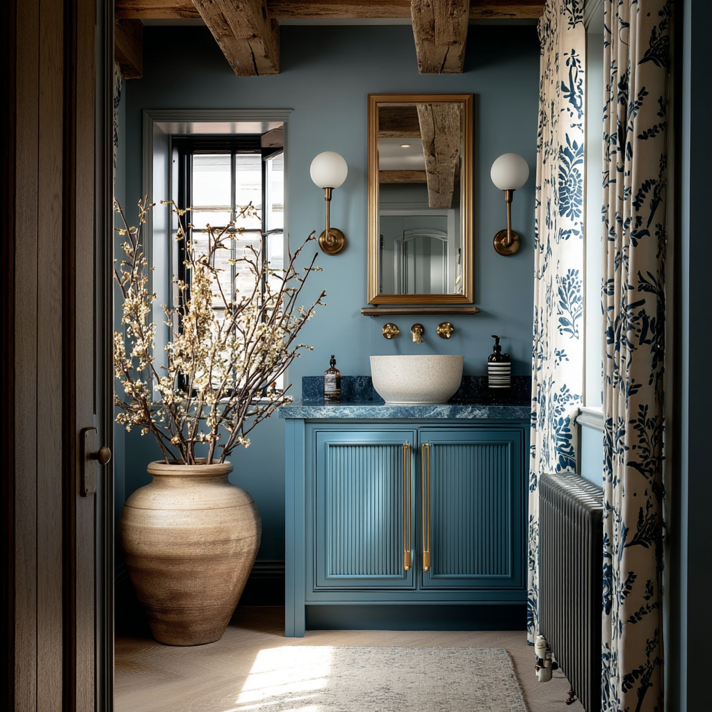 freestanding vanity in blue oak finish featuring brass handles and minimalist design