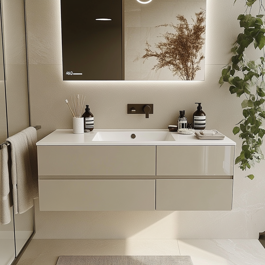 modern cream wall-mounted vanity with seamless handleless drawers and smooth satin finish