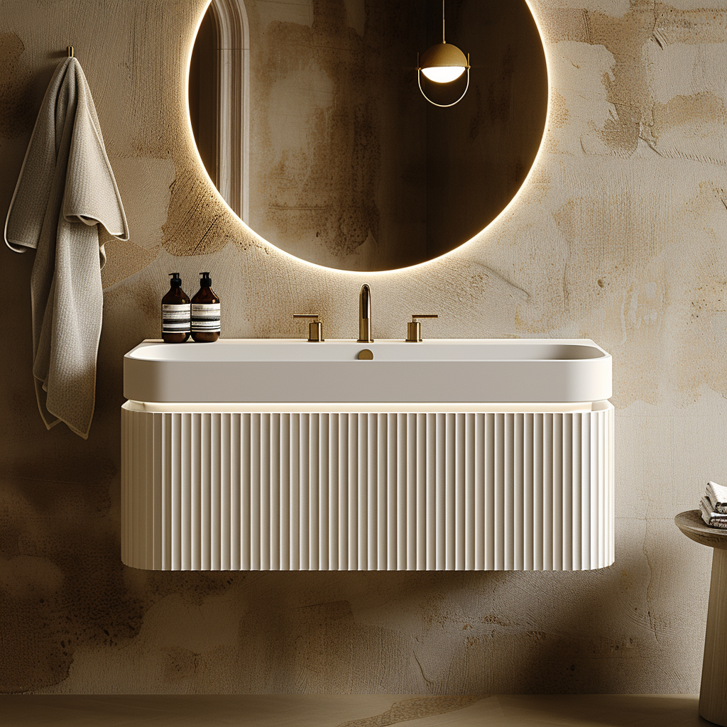 wall-mounted cream vanity with rounded vertical oak slats and minimalist handleless design.