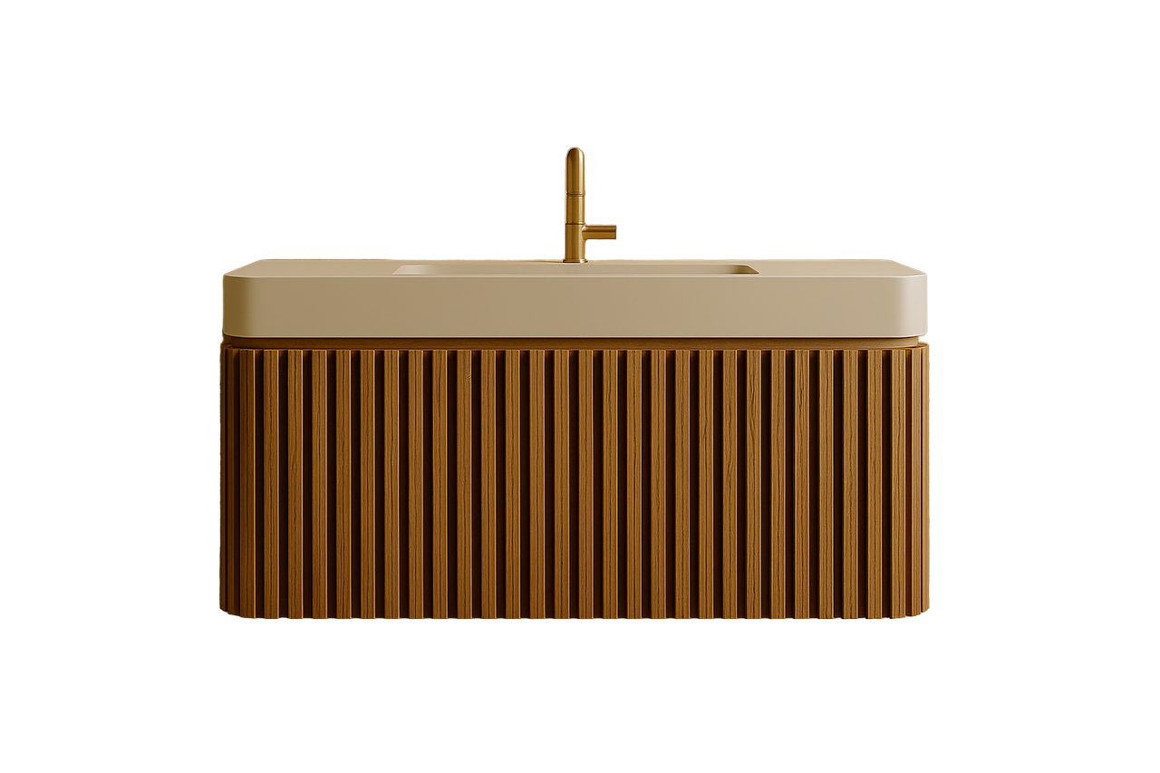 solid oak wall-mounted double vanity featuring ribbed facade and clean architectural silhouette.