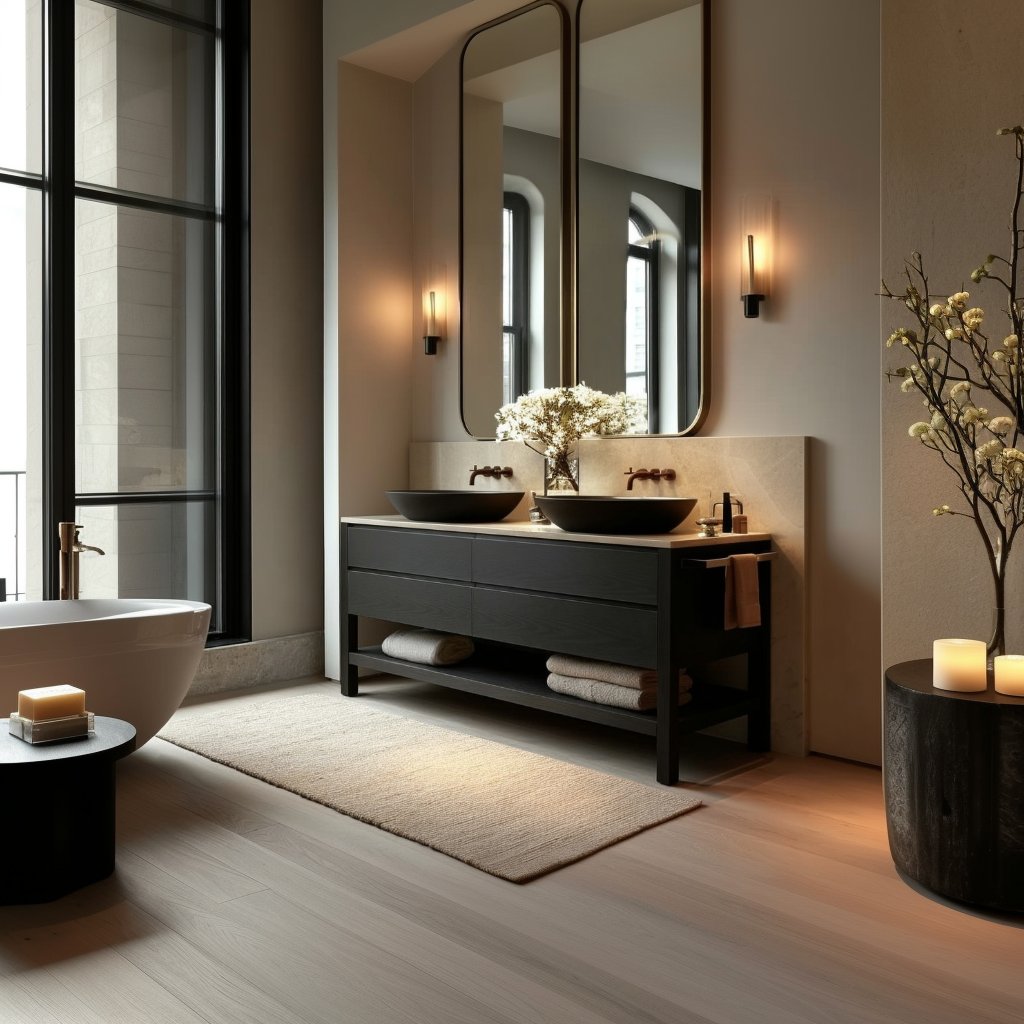 modern dark oak bathroom vanity with spacious storage and elegant horizontal grain