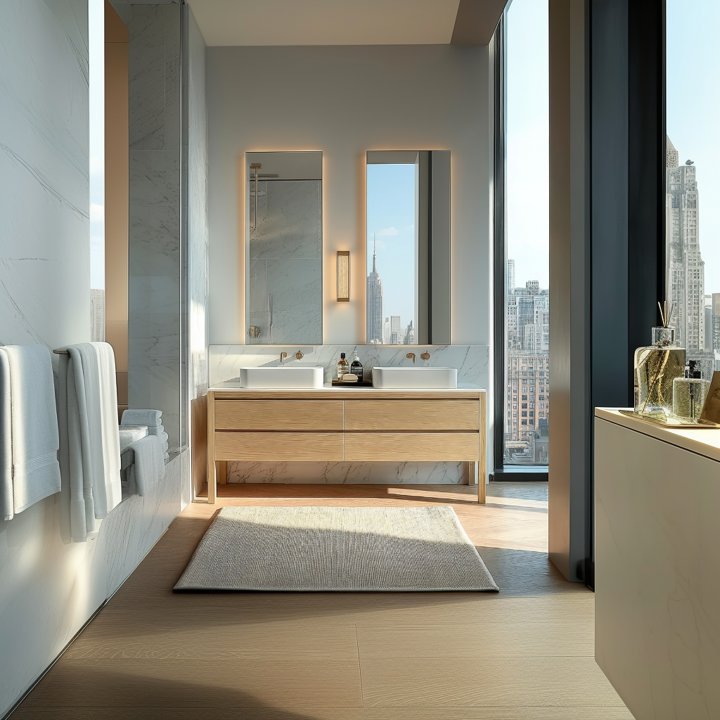 natural white oak freestanding bathroom vanity with four handleless drawers and precision-cut edges.