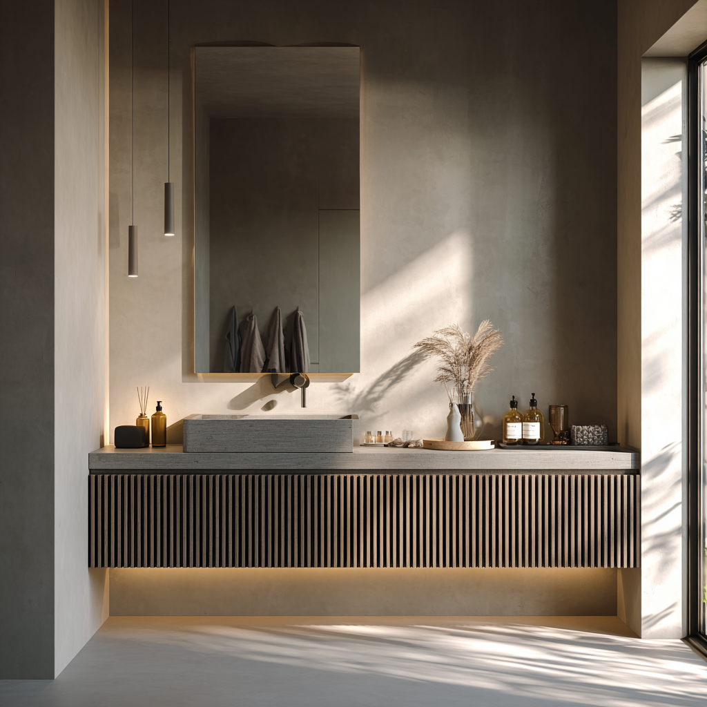 modern gray oak wall-hung vanity with fluted facade and minimalist design