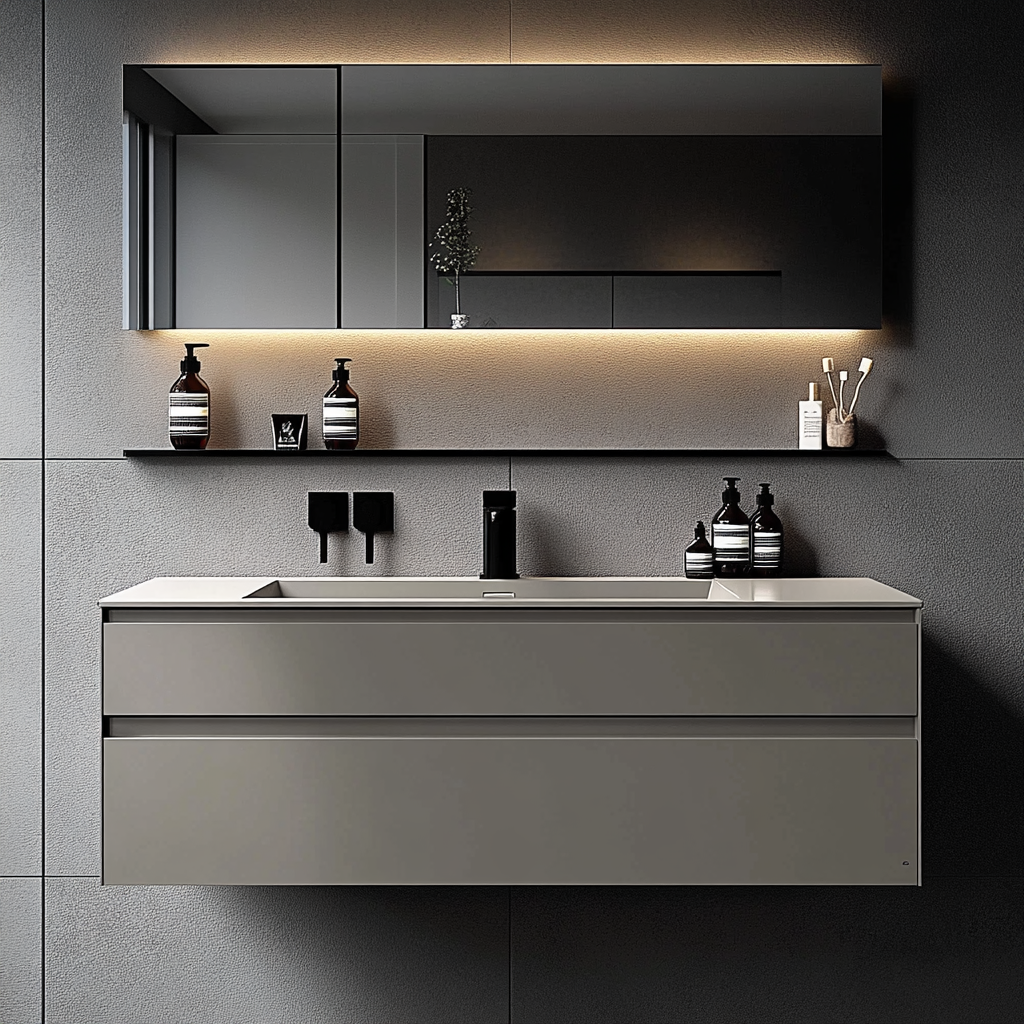 mustard satin wall-mounted vanity with oak veneer and minimalist drawer fronts