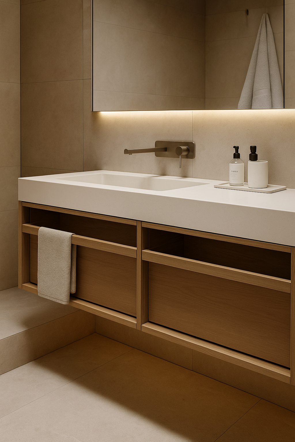 walnut wall-mounted bathroom vanity with premium veneer and solid wood accents.