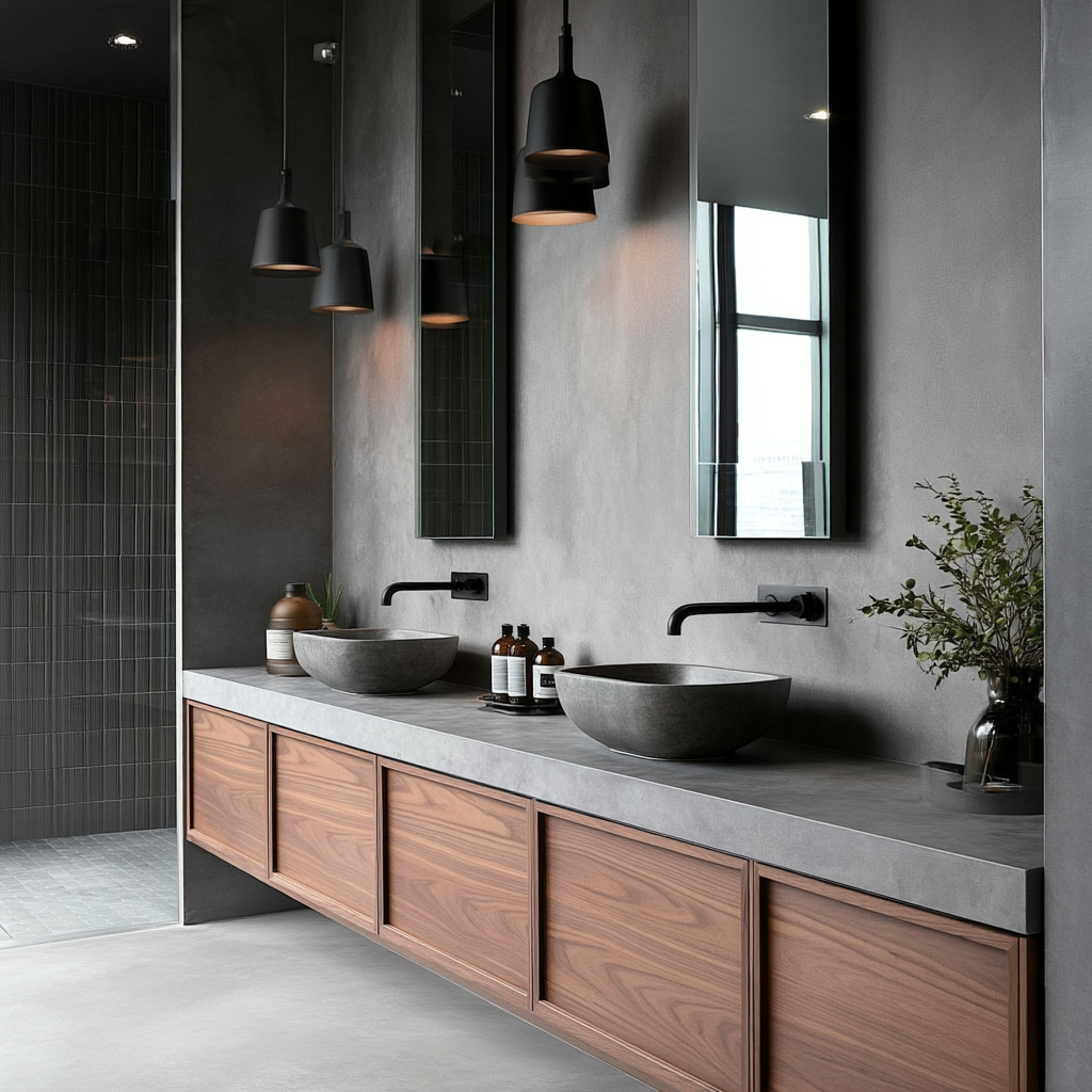 wall-mounted walnut vanity with natural veneer and smooth handleless drawers.