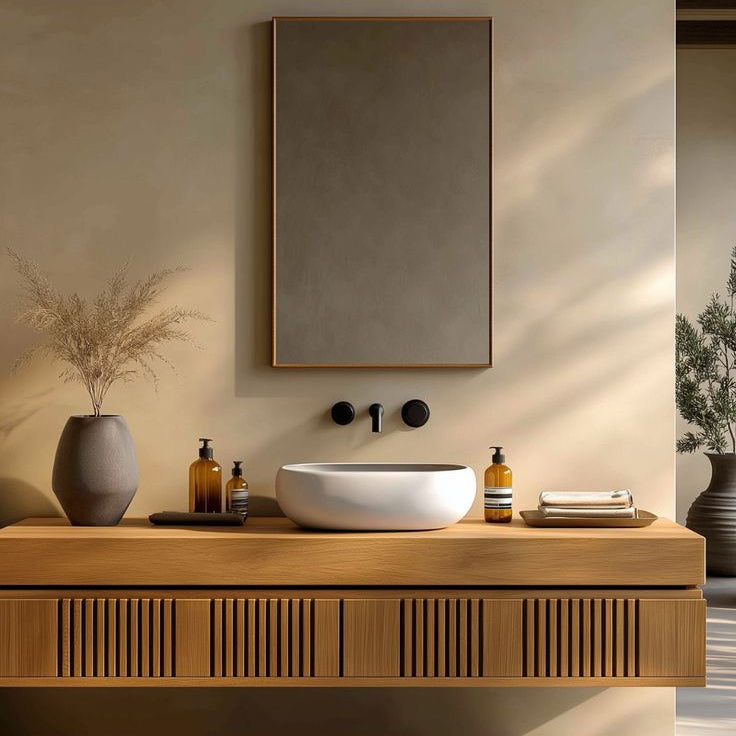 modern floating vanity in oak or walnut with sculpted fluted front and seamless handleless drawers.