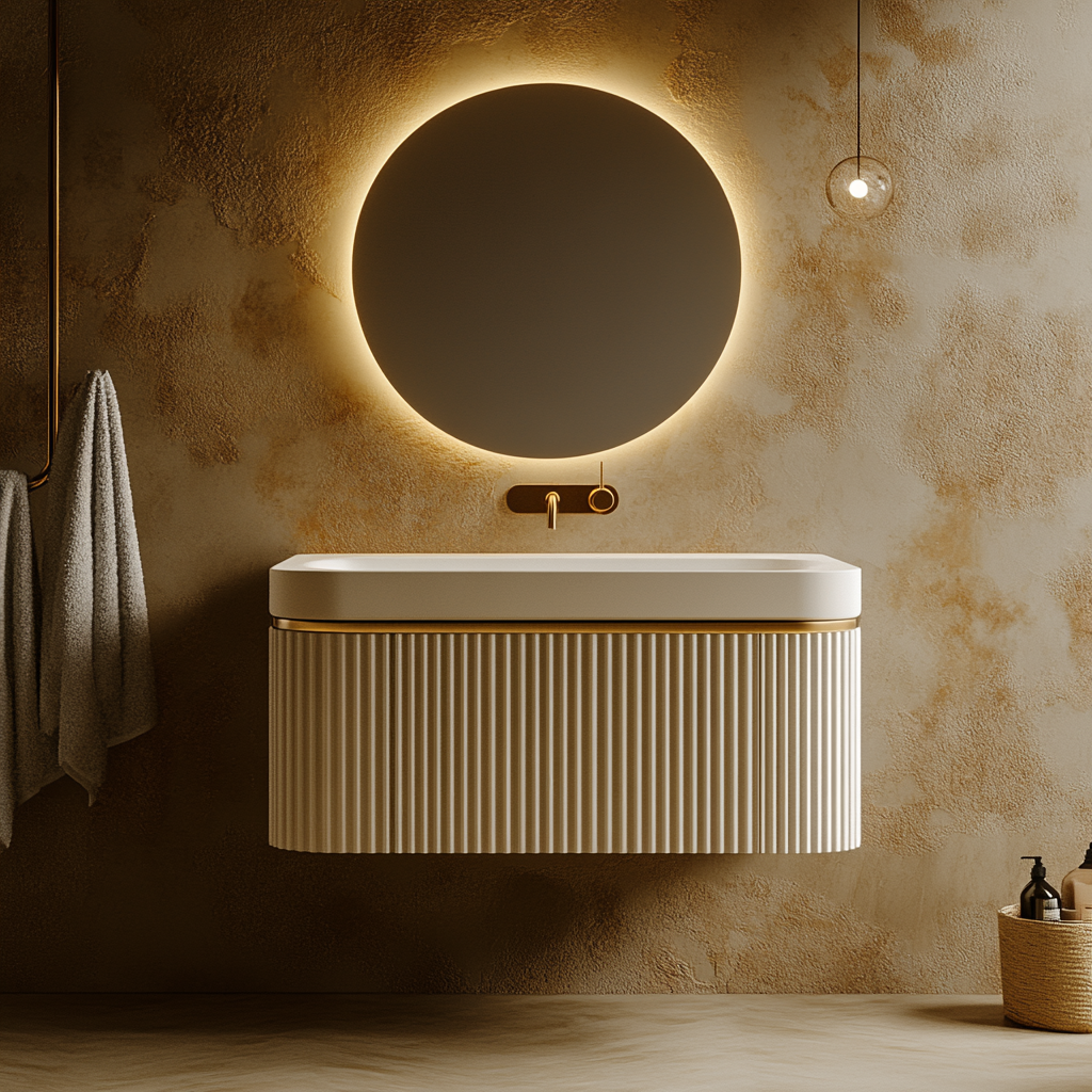 contemporary bathroom vanity with curved fluted oak front and minimalist design.