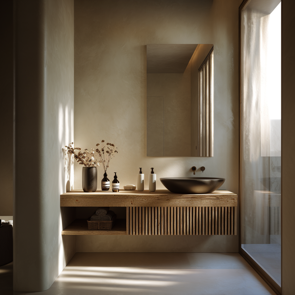 floating bathroom vanity with vertical fluted oak panels and satin finish