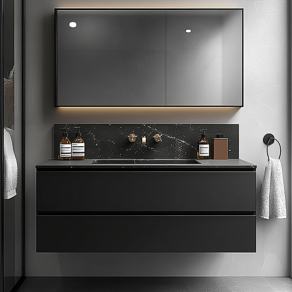 wall-mounted matte black vanity with smooth satin-matte finish and handle-free drawers