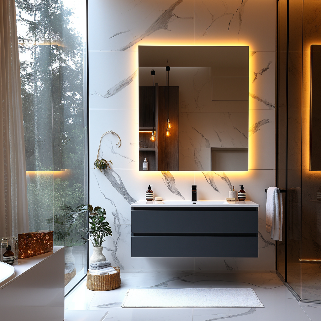 modern navy blue wall-mounted vanity with sleek handleless drawers and smooth finish.