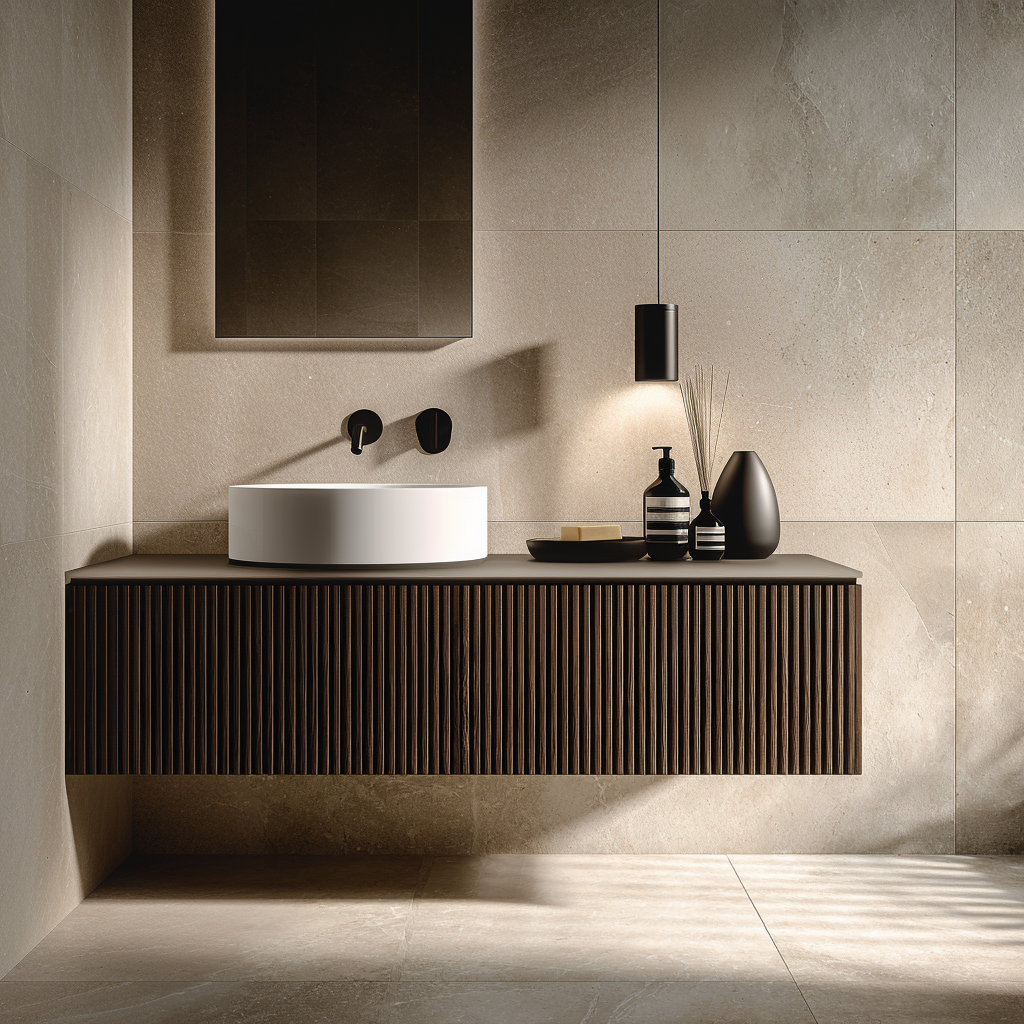 modern wall-mounted oak vanity with fluted slatted facade and seamless drawer fronts.