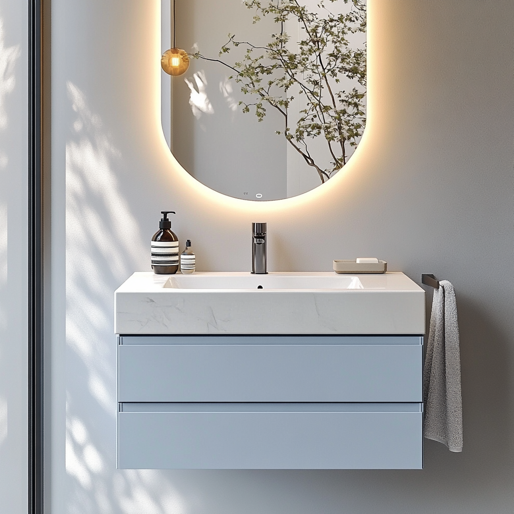 wall-mounted powder blue vanity with clean lines and soft pastel finish