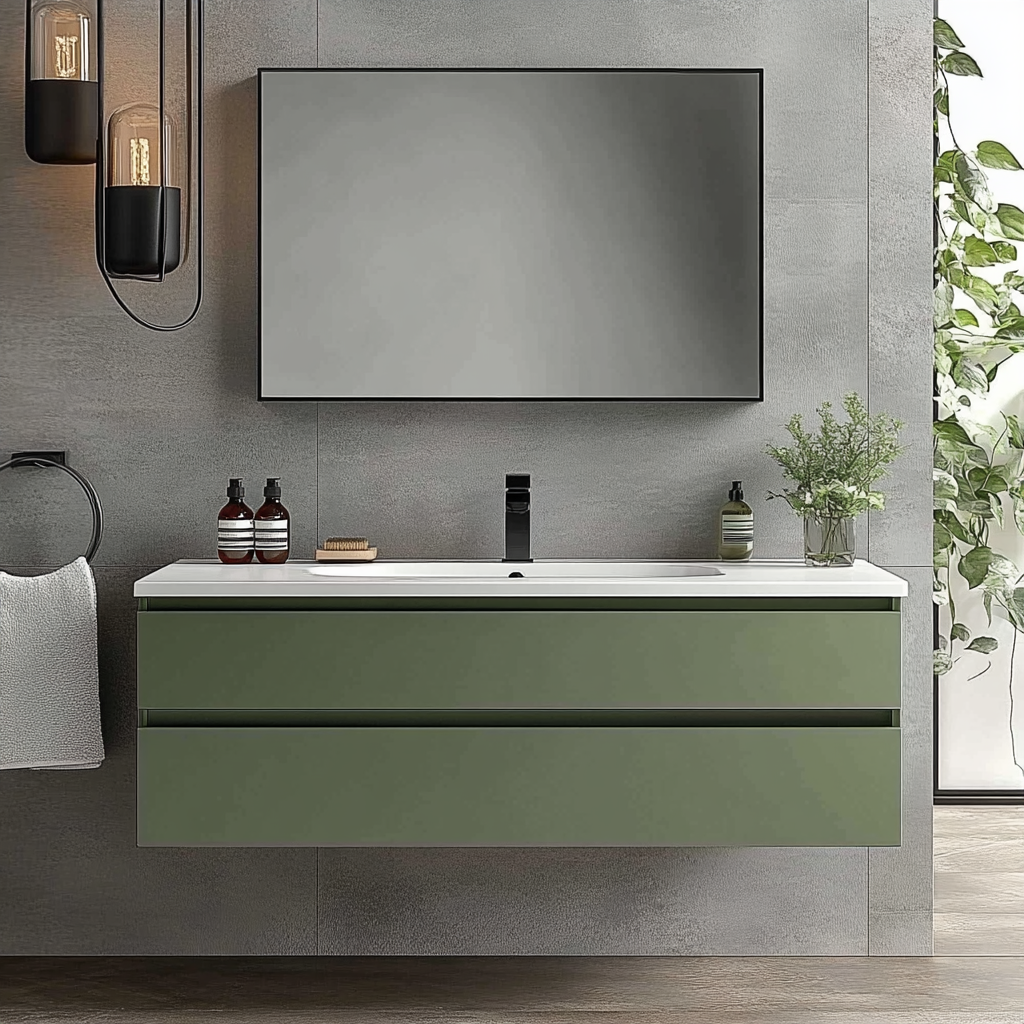 sage green wall-hung vanity with seamless handleless drawer fronts.