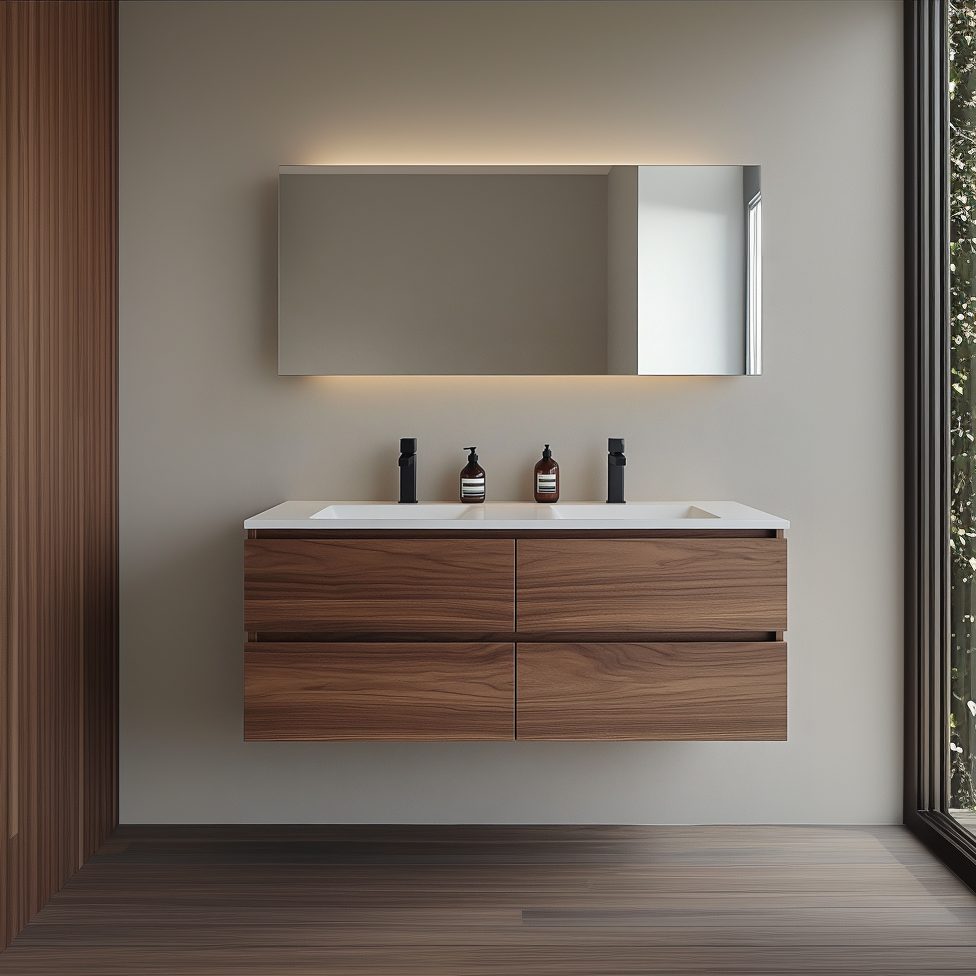 modern wall-mounted walnut double vanity with seamless drawer fronts and warm natural finish.