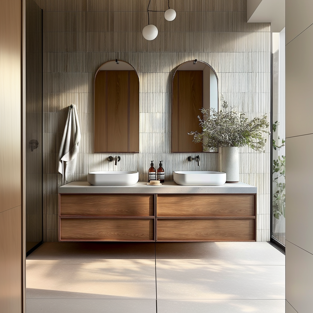 modern wall-mounted walnut vanity with integrated finger-rail handles and natural wood grain.