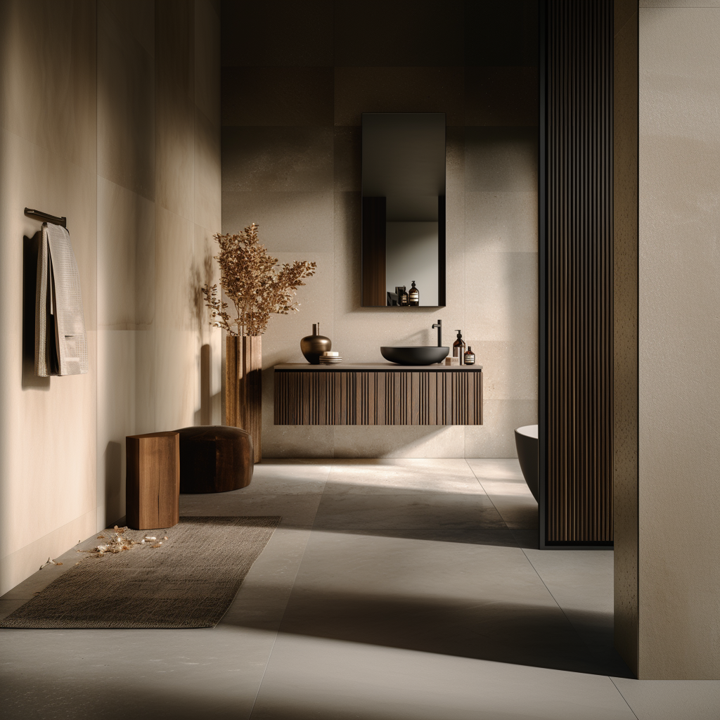 wall-mounted walnut bathroom vanity with sculpted vertical slats and warm natural finish.