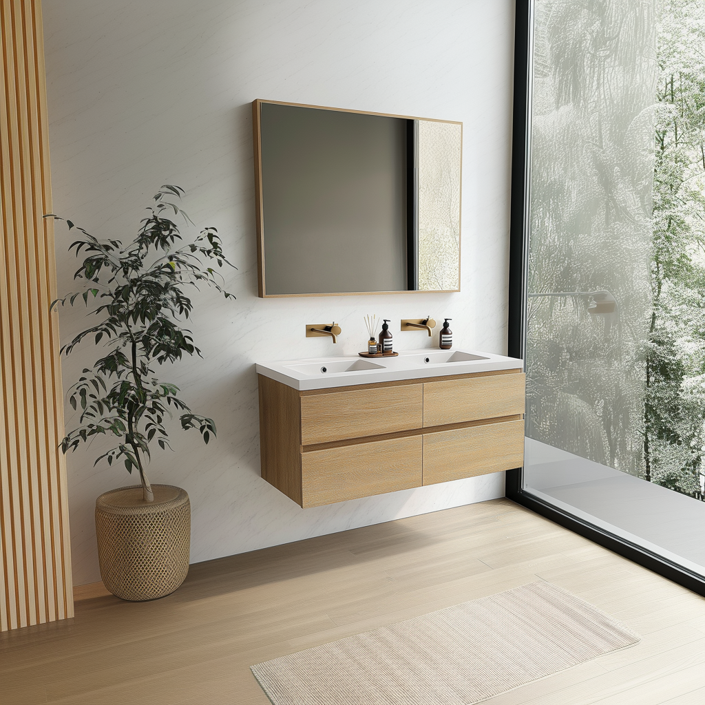 modern wall-mounted white oak double vanity with seamless drawer fronts and natural grain texture.