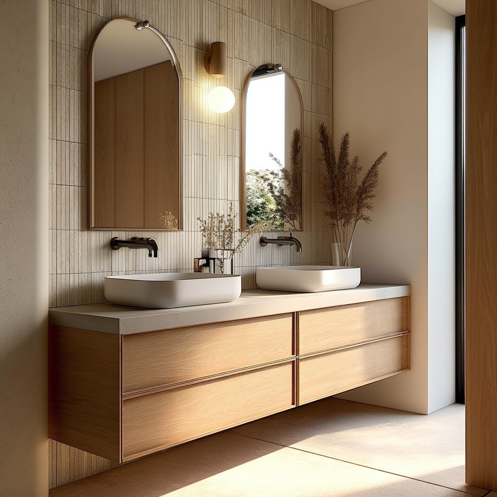 modern white oak wall-mounted vanity with natural grain and handleless pull-rail drawers.