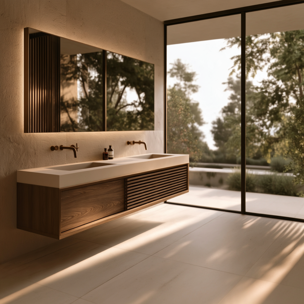 Walnut Floating Double Vanity — Slatted Modern Master Bathroom Cabinet