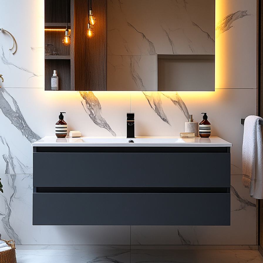 navy blue floating bathroom vanity with minimalist design and soft-close drawers by HEAVEN