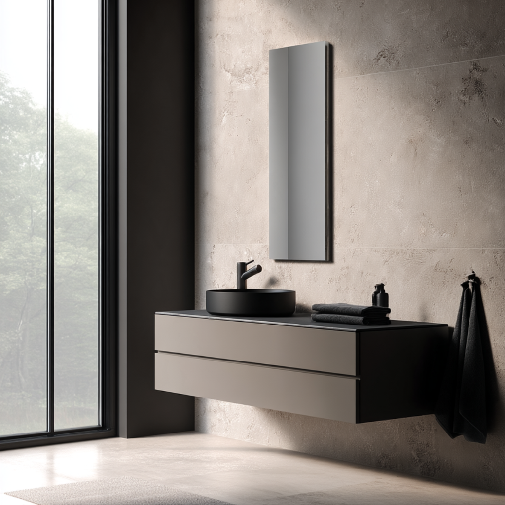 Modern floating bathroom vanity with a black vessel sink, matte gray drawers, a matching wall mirror, and a black towel in a minimalist bathroom setting.