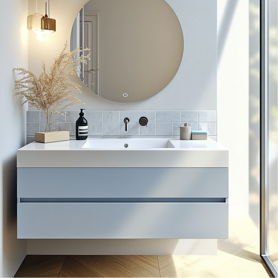 powder blue floating bathroom vanity with soft-close drawers and minimalist coastal design by HEAVEN.