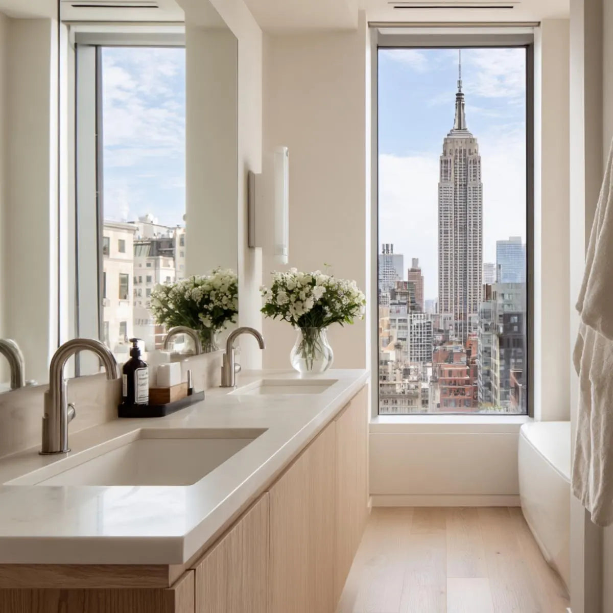 custom wall-mounted white oak vanity with smooth grain texture and minimalist look