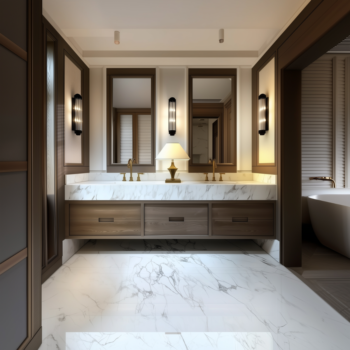 Dark Oak Floating Double Sink Vanity | Luxury 6 Drawer Bathroom Cabinet