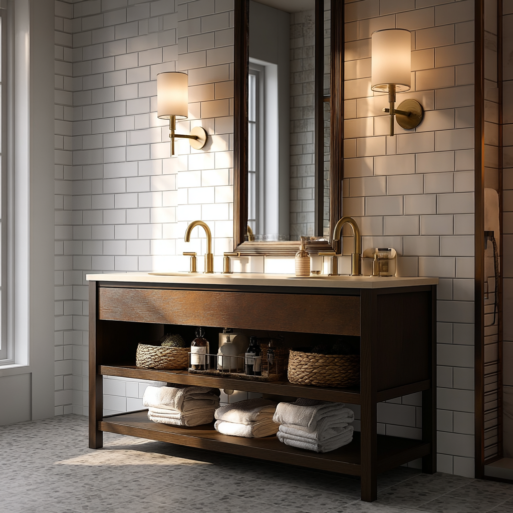 rustic dark oak bathroom vanity with open shelves and one handleless soft-close drawer.
