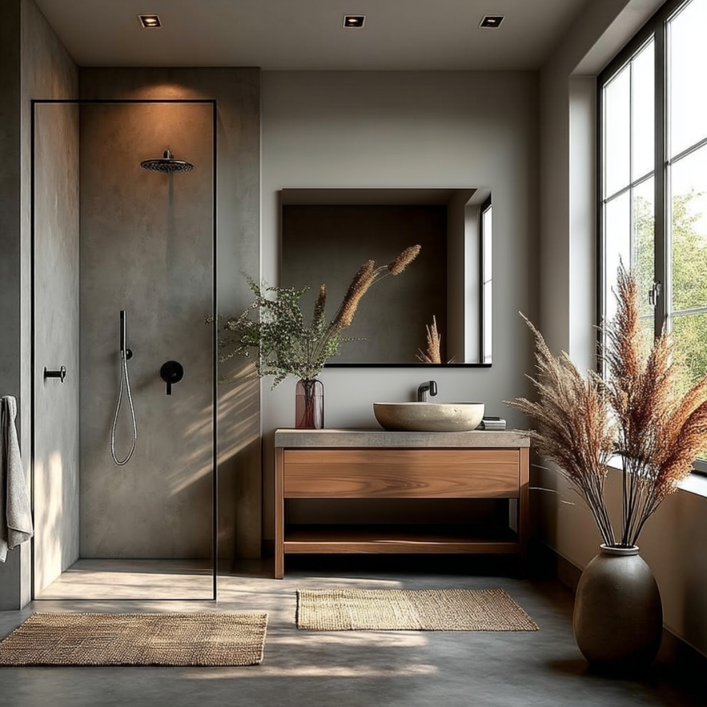 rustic walnut bathroom vanity with clean lines, warm grain, and practical drawer storage