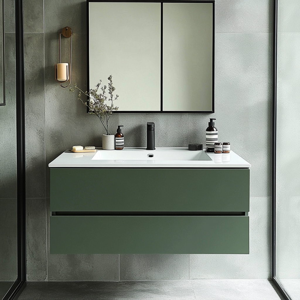sage green floating bathroom vanity with minimalist handleless drawers and Japandi design by HEAVEN