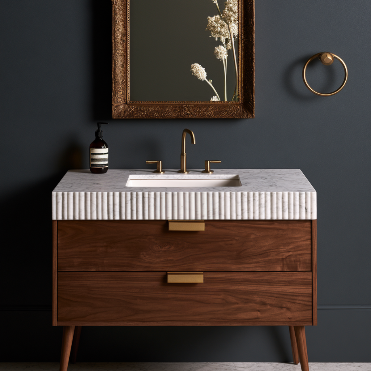 Small Walnut Bathroom Vanity | Freestanding 2 Drawer Cabinet
